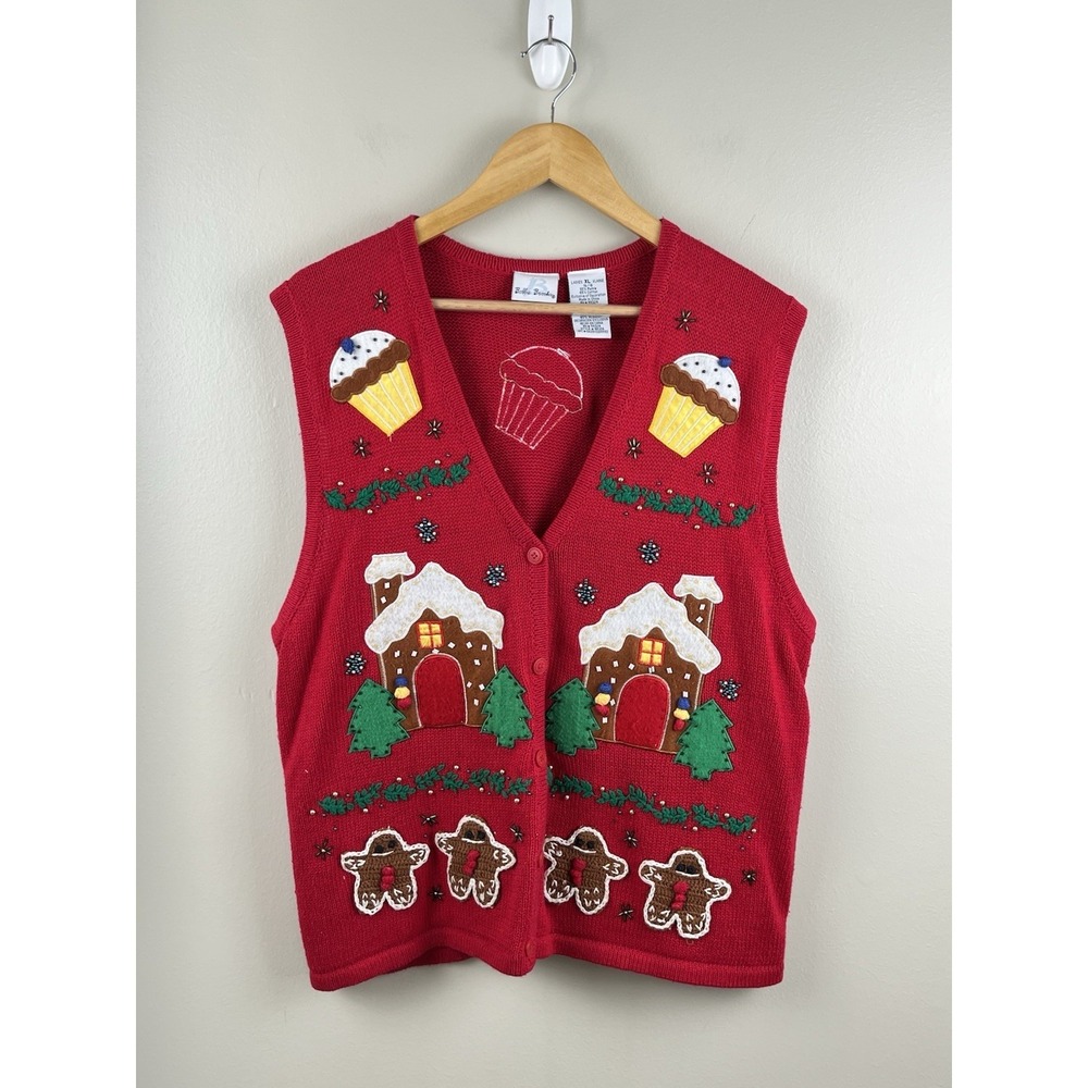 Vtg Ugly Christmas Sweater Vest  Gingerbread Cupcakes‎ Cottage XL 14/16 Womens